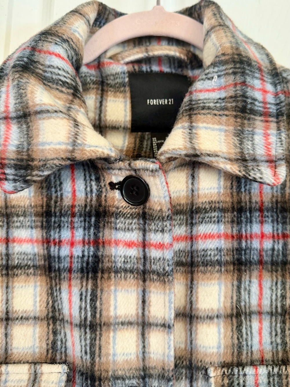 Forever 21 Plaid Wool Blend Button Down Shacket Jacket Cream Black Red Small S - Picture 4 of 9